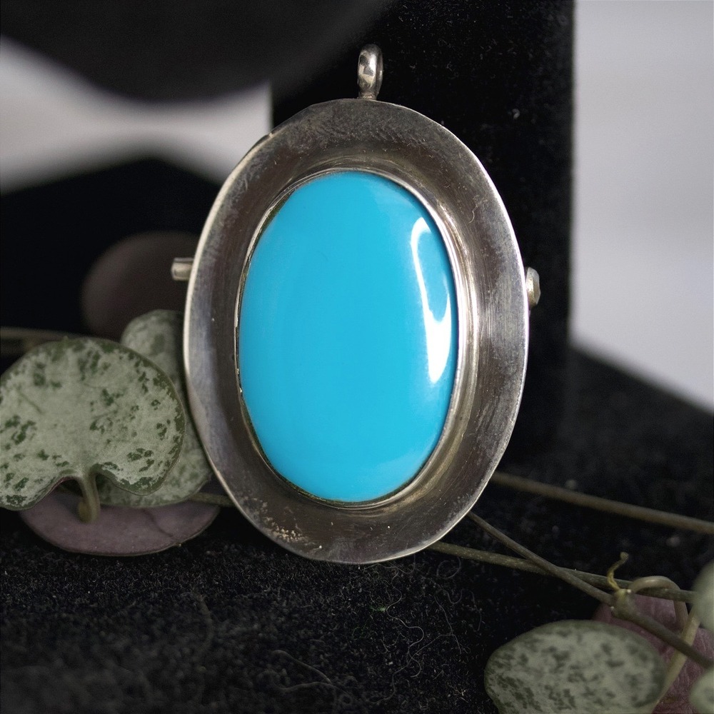 Native American Handmade Sterling Silver Turquoise Oval Brooch Pendant Pin - Picture 2 of 8